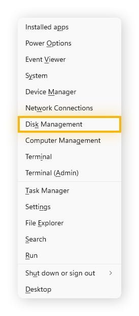Disk Management highlighted in the pop-up menu.
