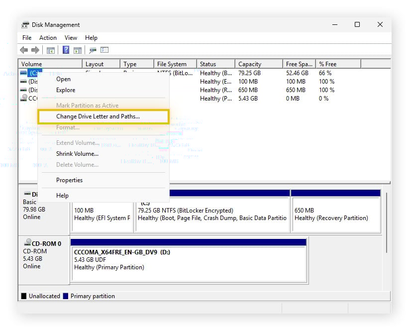 A screenshot of the Windows Disk Management utility.