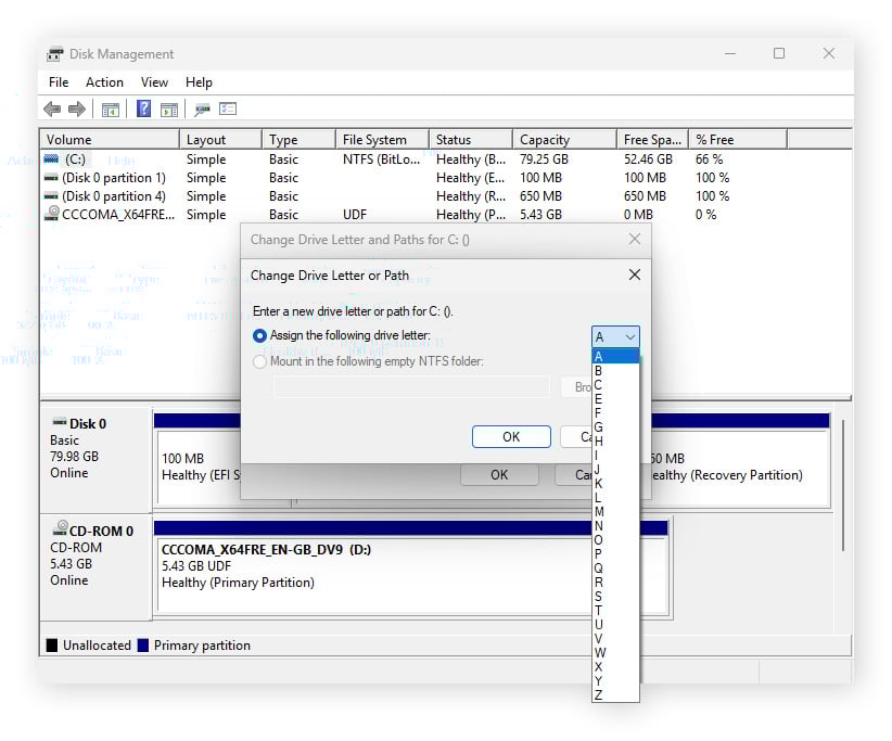 A screenshot of the drive letter selection menu of the Windows Disk Management utility.