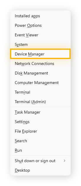 Device Manager highlighted in the pop-up menu.