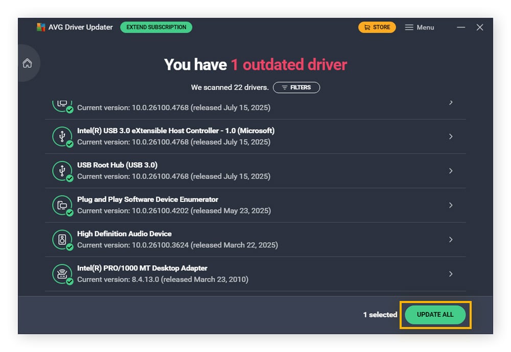 A screenshot of the scan results from AVG Driver Updater.