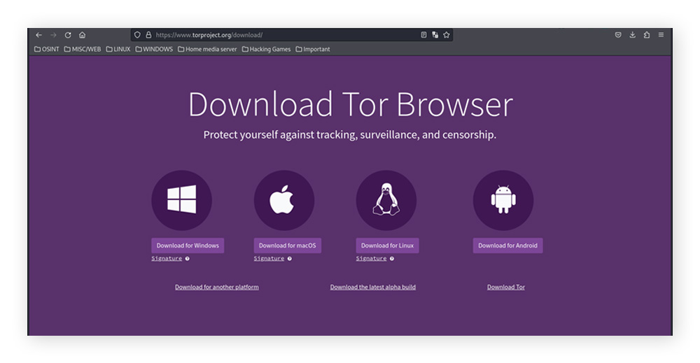 The Tor Browser download page on the Tor Project website.