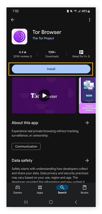 The Tor Browser app page on the Google Play store displayed on an Android phone.