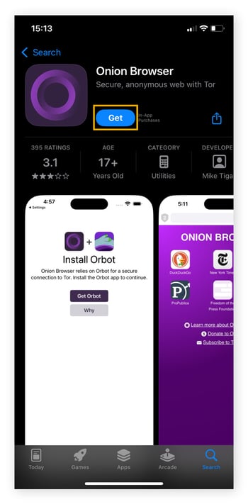 The Onion Browser app page on the iOS App store displayed on an iPhone.