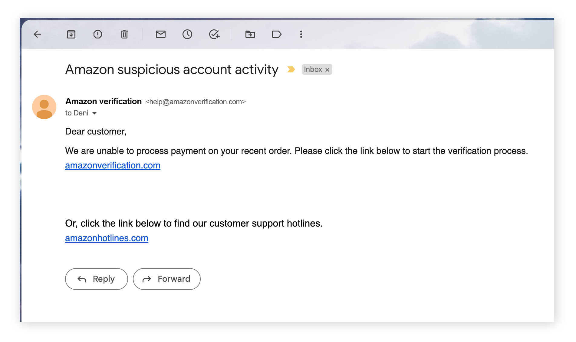 Screenshot of an Amazon phishing email.