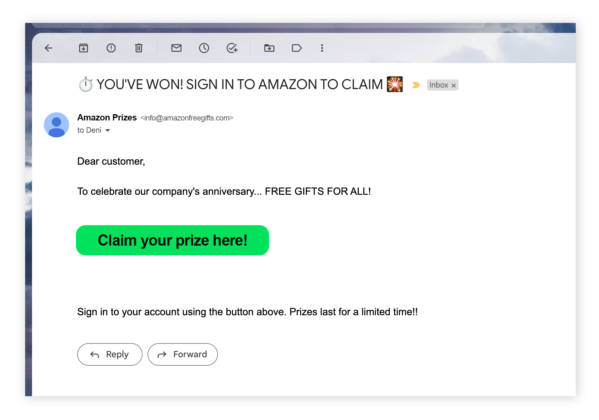 Screenshot of an Amazon gift card scam delivered via email.