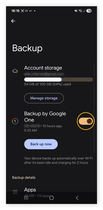 Turning off automatic backups by navigating to backup settings through Google One.