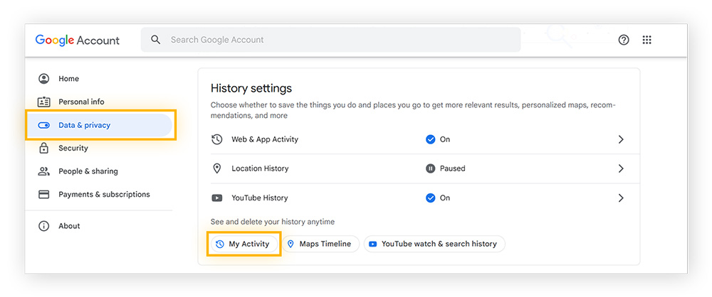 A view of "history settings" in someone's Google Account. "My Activity" is circled.