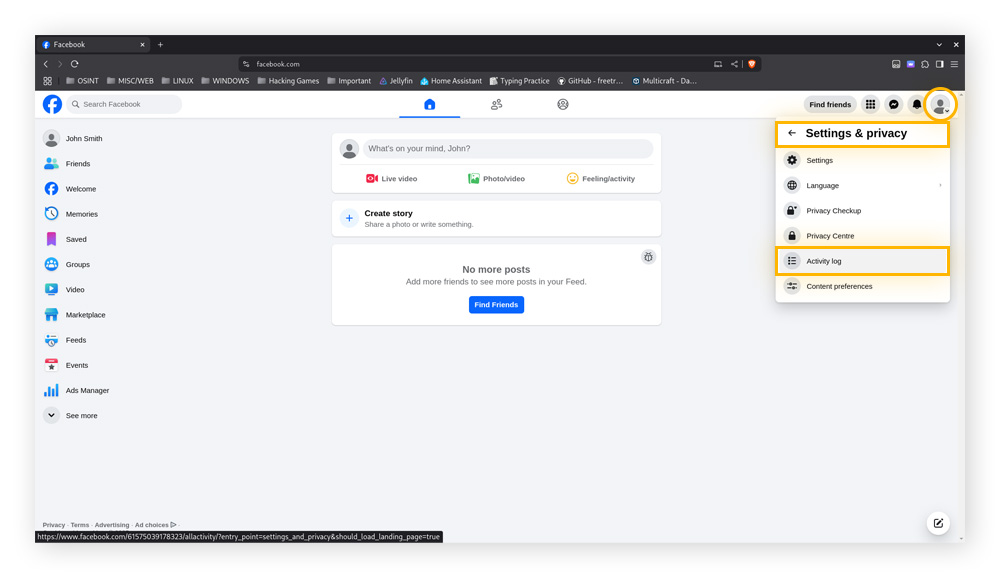 A view of the Facebook home page's profile menu.