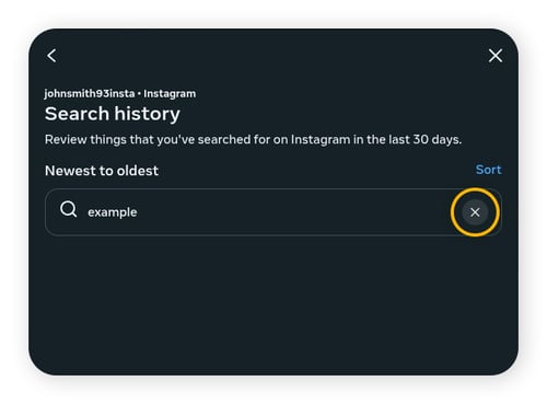 The search history popup of the Meta Accounts centre page.