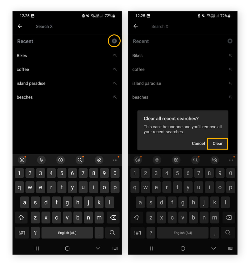 An image of the page to delete all recent searches on the X app for Android.