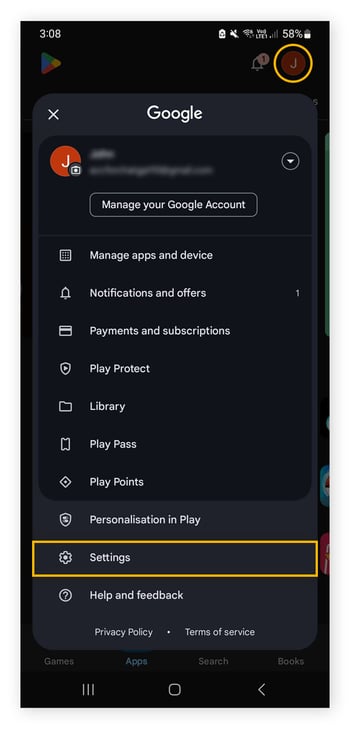 An image of the Google Play profile menu on an Android device.
