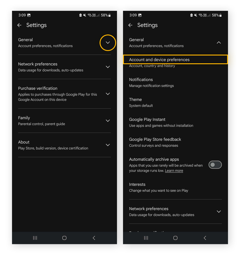An image of the General settings menu of the Google Play app on an Android device.