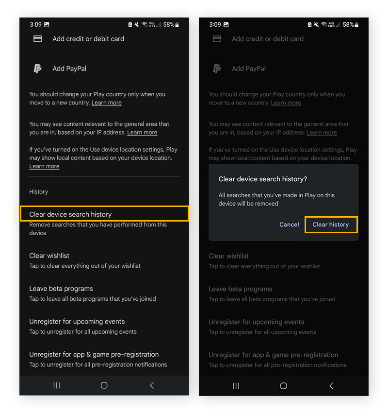 An image of the search history erase confirmation menu of the Google Play app on an Android device.