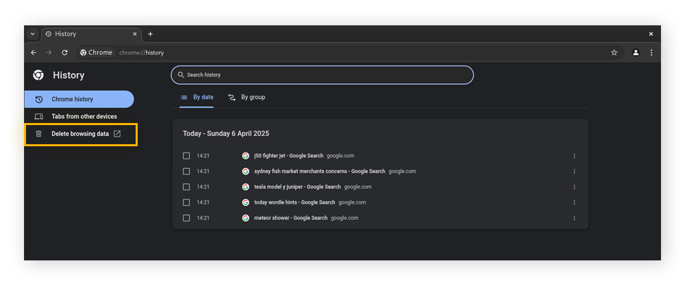 The History page of the Google Chrome browser.