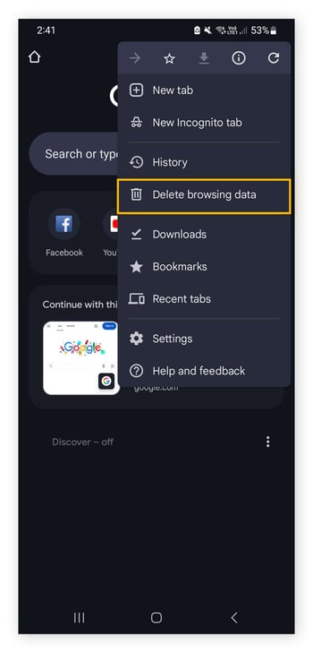 The three-dot menu of the Google Chrome browser for Android.