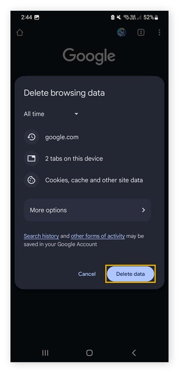 The browsing data deletion menu of the Google Chrome browser on Android.
