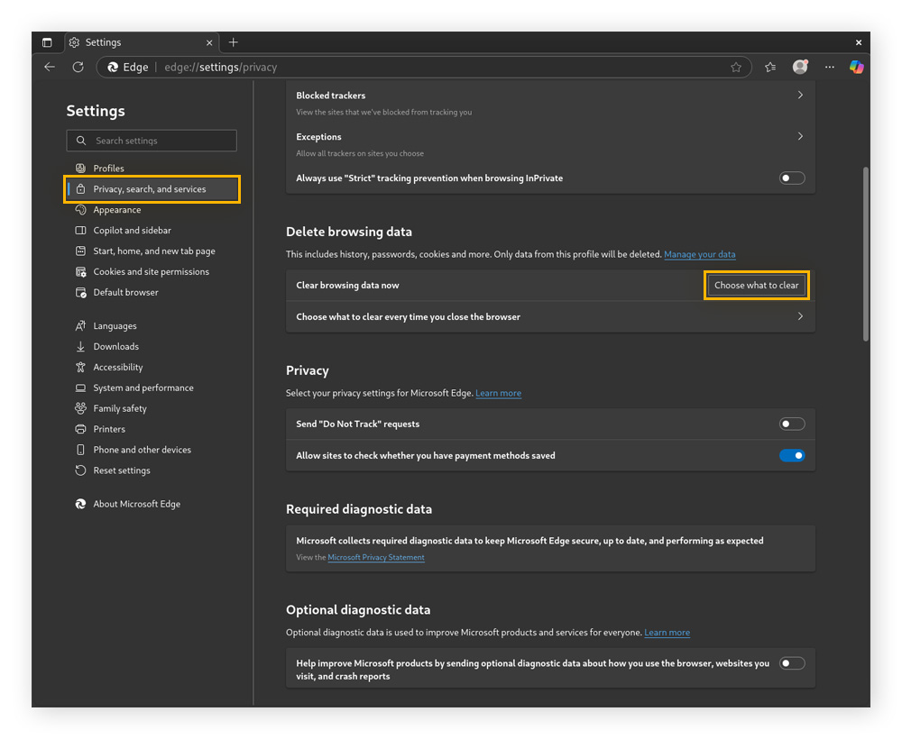 A view of the Settings page on the Microsoft Edge browser.