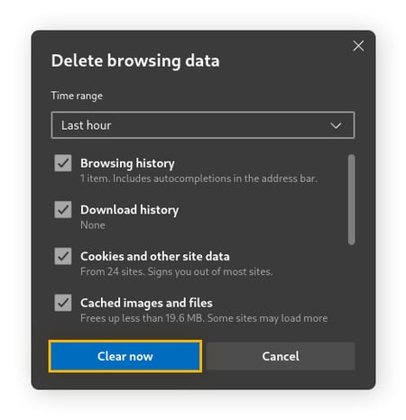 A menu to delete the browsing data of the Microsoft Edge browser.