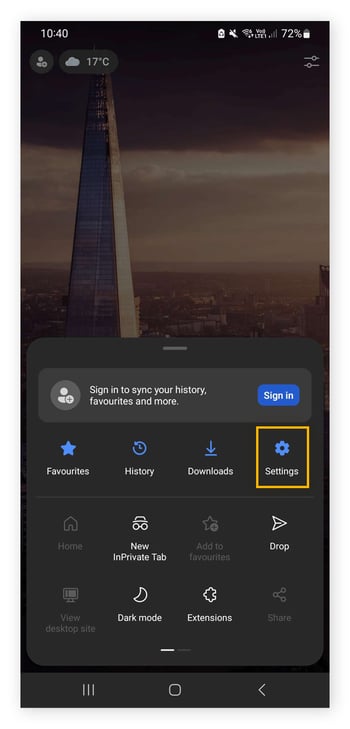 A view of the Chrome browser main menu on a mobile device.