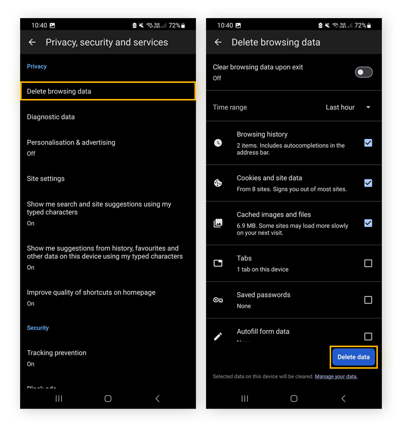 Erasing browsing history from the Microsoft Edge mobile app.