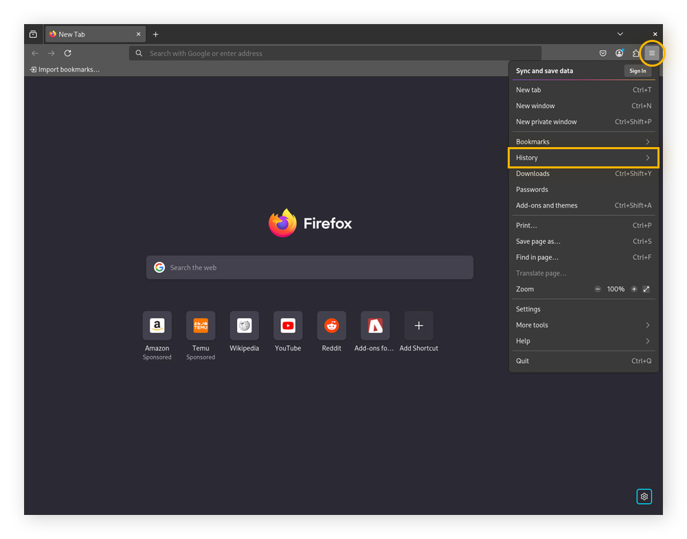 An image of the Mozilla Firefox landing page with the main menu opened.