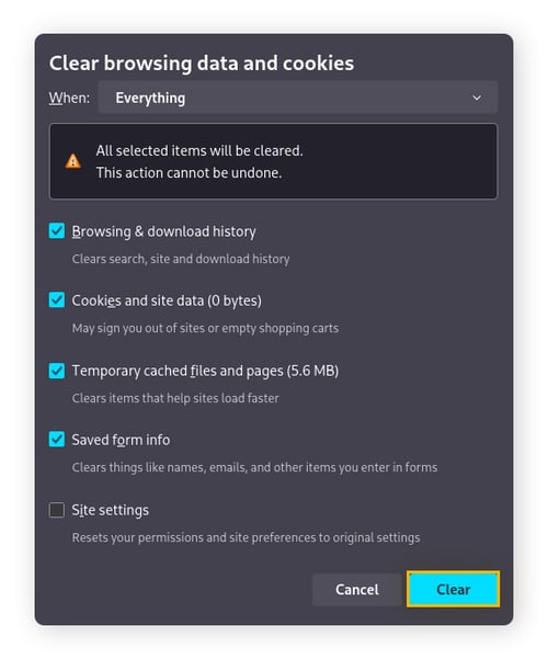 An image of the options available to clear history on Mozilla Firefox.