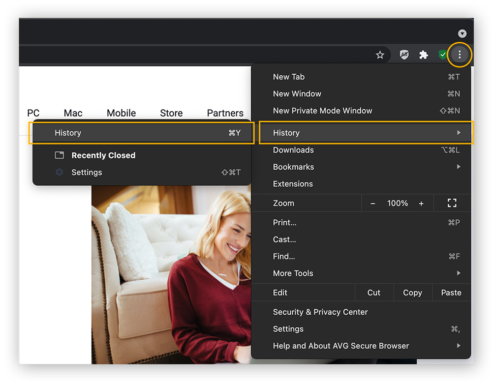Opening up browser history in AVG Secure Browser.