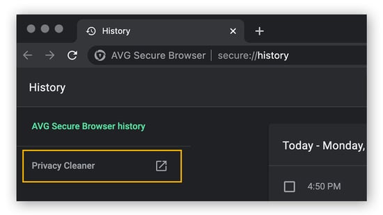 Opening up the privacy cleaner in AVG Secure Browser.