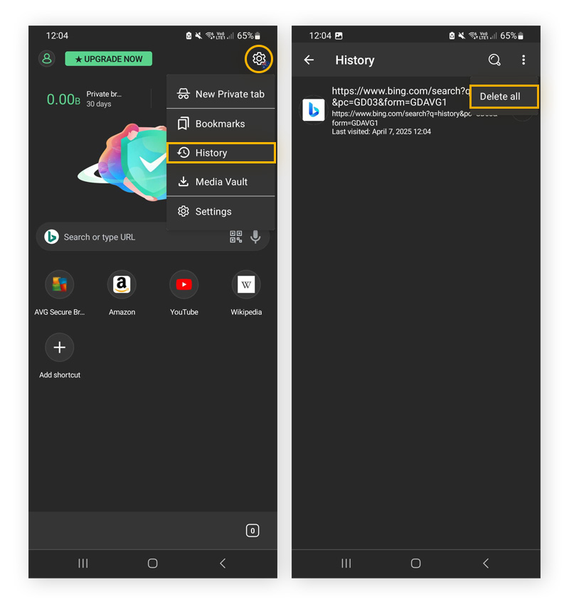 A view of the history menu of the AVG secure browser on a mobile device.