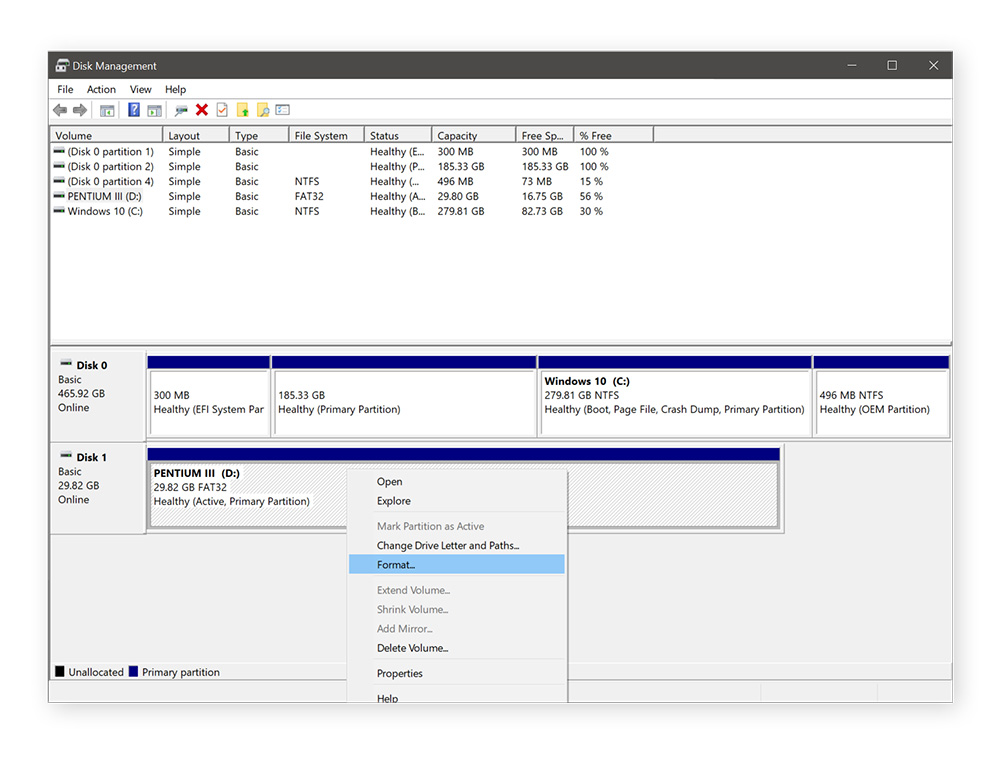 Using disk management to format drive in Windows.
