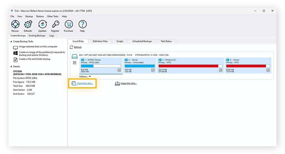 A screenshot of Macrium Reflect showing how to clone a drive.