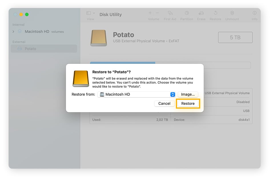 A screenshot of the process to restore a drive in Disk Utility on MacOS.