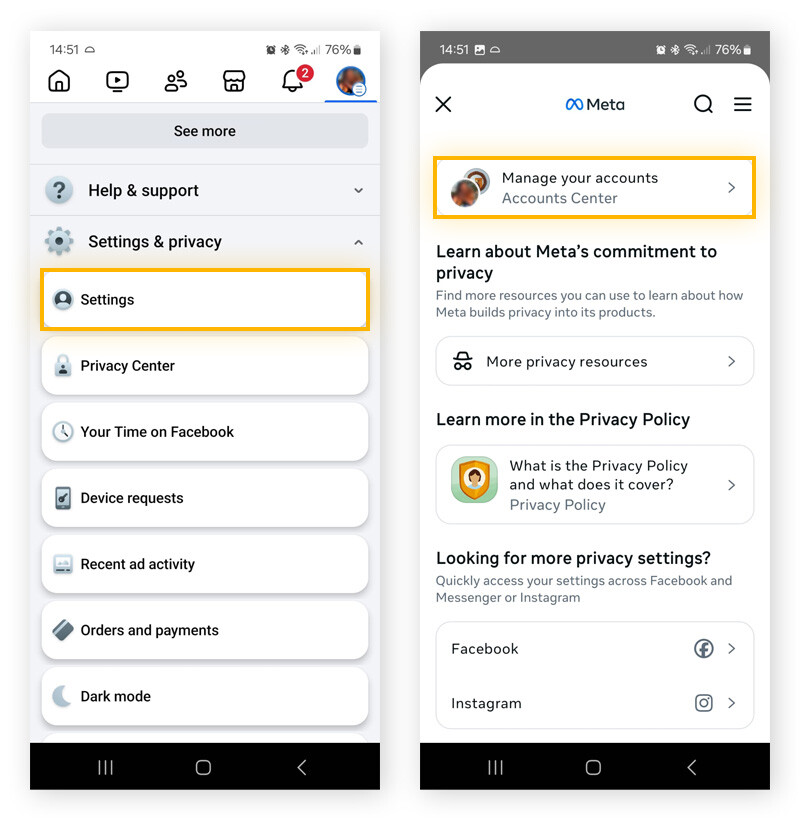 Facebook privacy center interface