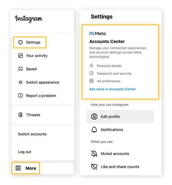 Navigating to Instagram settings on desktop to delete your Instagram account.
