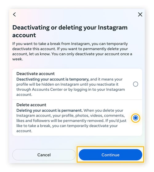 Choosing whether to delete or deactivate an account on Instagram.
