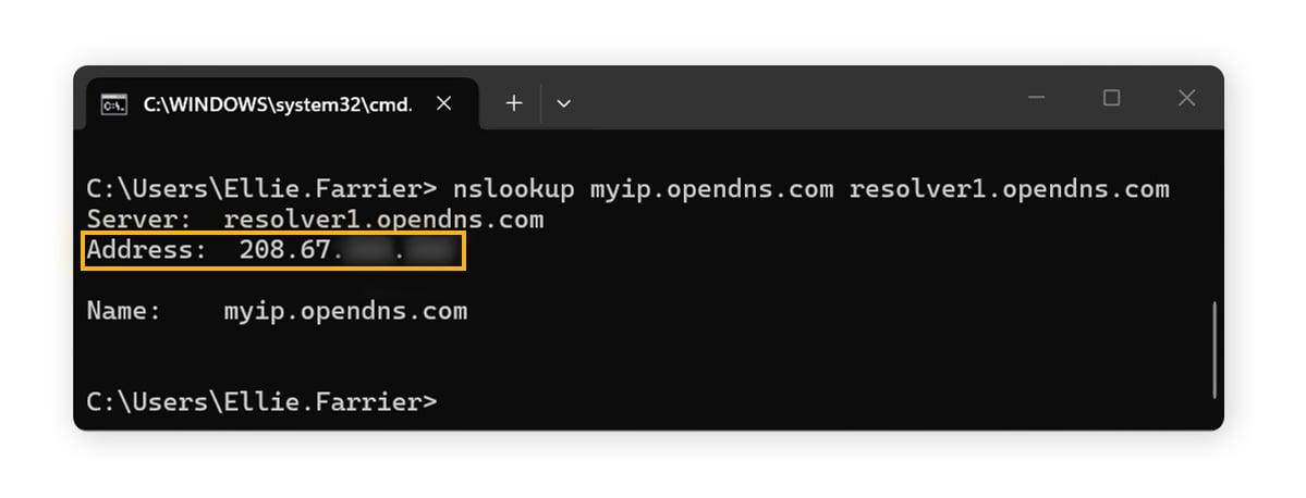 Looking up an IP address via Command Prompt on Windows 11.