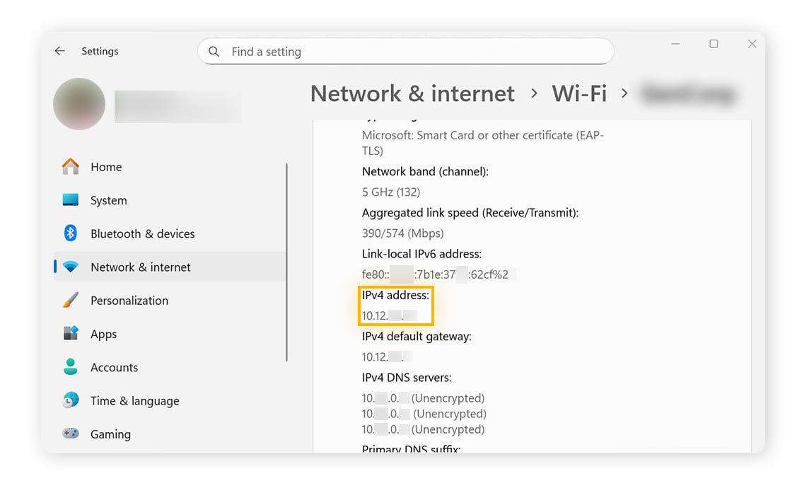 Finding IPv4 address via Network Settings on Windows 11.