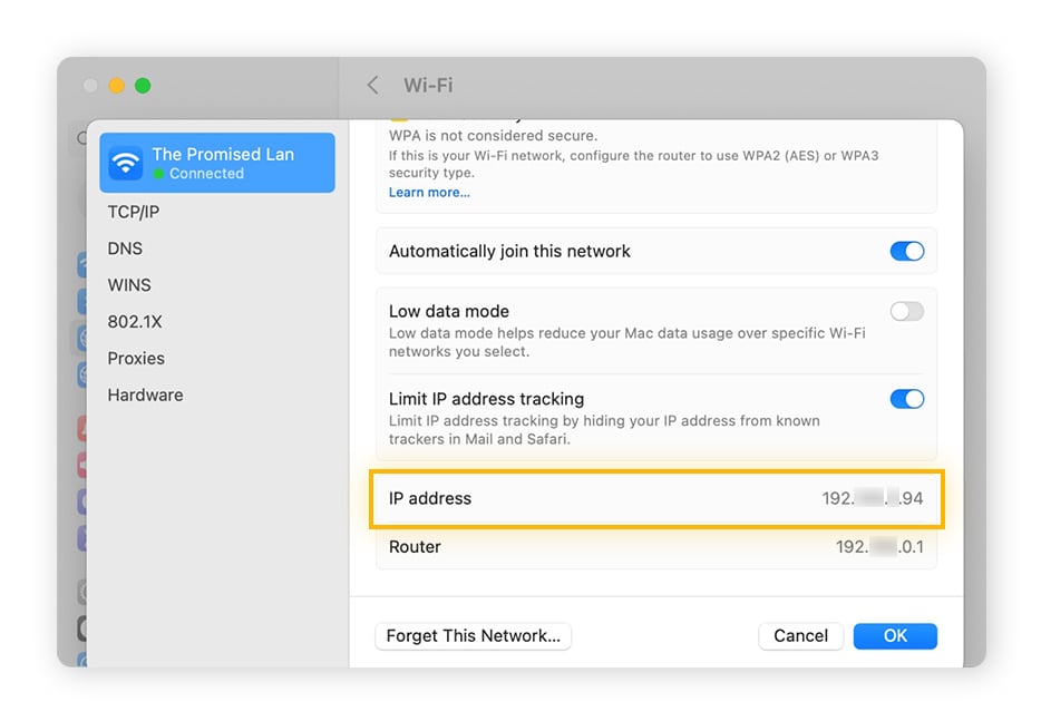 Scroll down in your Wi-Fi network's settings on Mac to find your local IP address.