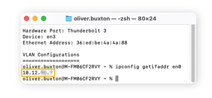 Finding your local IP via Mac Terminal.