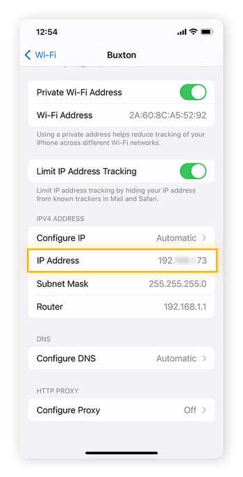 In your Wi-Fi network's information settings, you can find your local IP address on iPhone.