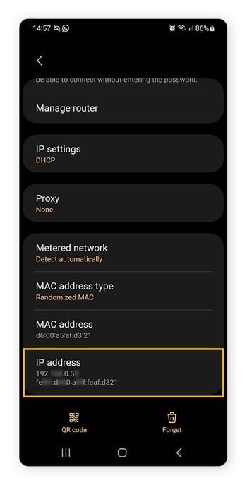 Scroll down in your Android network settings to find your local IP address.
