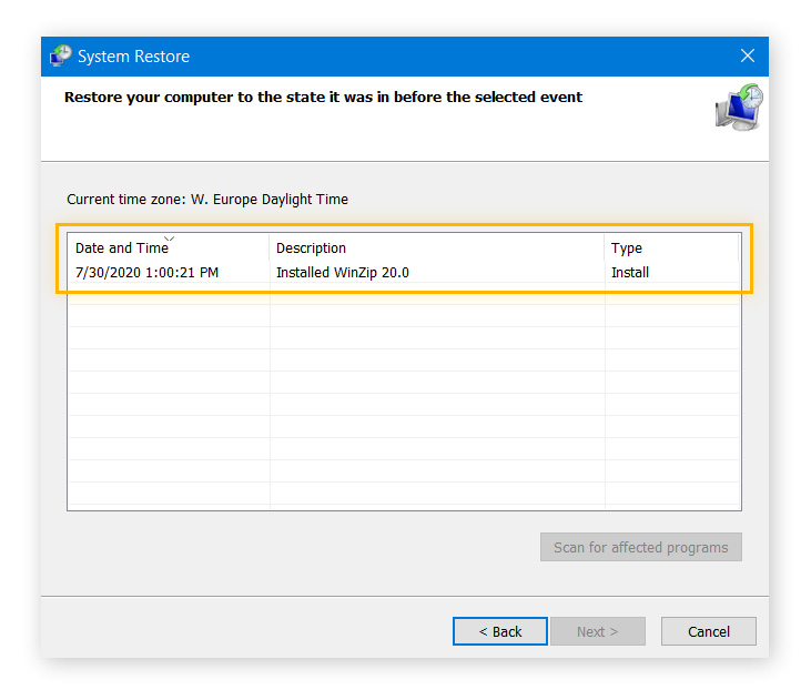 Picking a system restore point.