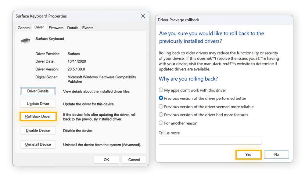 Using Windows Device Manager to roll back a driver on Windows 11.