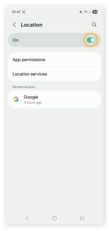 Turning off location settings on Android.