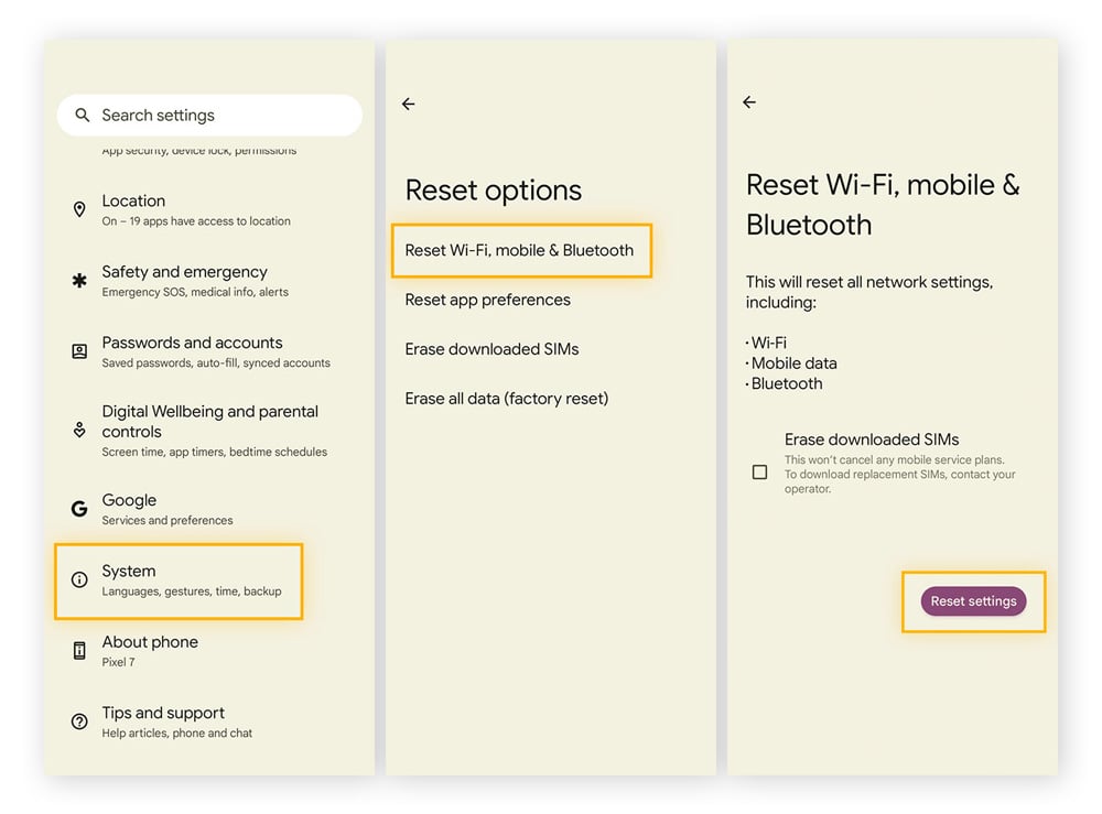 Resetting all network settings in Android system settings.