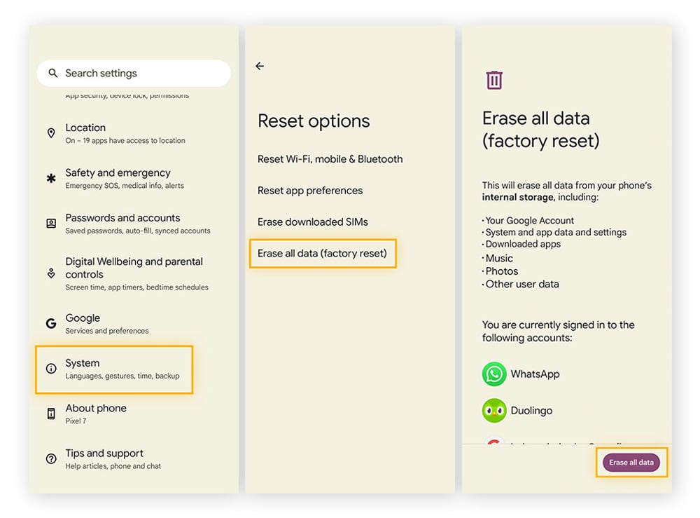 Resetting an Android to factory settings as a last resort because Wi-Fi is not working.