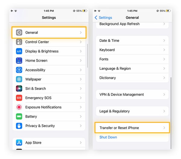 To perform a factory reset, tap "Transfer or Reset" in your iPhone or iPad settings.