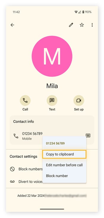 Copying a phone number from Contacts to your Android clipboard.