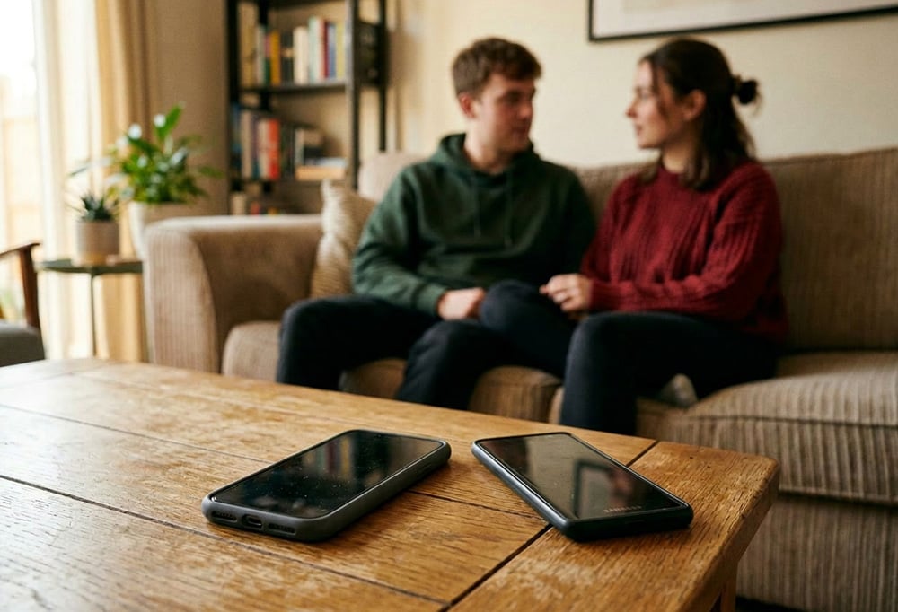 Two people sit on a couch, leaving their phones unattended and vulnerable to phone tapping.